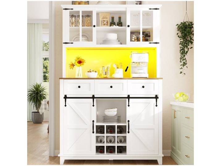 Buffet Haut Blanc En MDF Vitrine Campagne FloraGrace Pour Cuisine Ou Salon Avec LED Et Rangements Reglables 105x38 4x180cm
