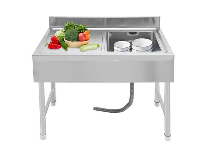 Freistehende Spüle,Edelstahl Waschbecken Küche ohne Wasserhahn - Pieds Réglables 1-3 CM,1 Bac,mit Abfluss Sieb - Silber, 100 X 50 X 80 CM