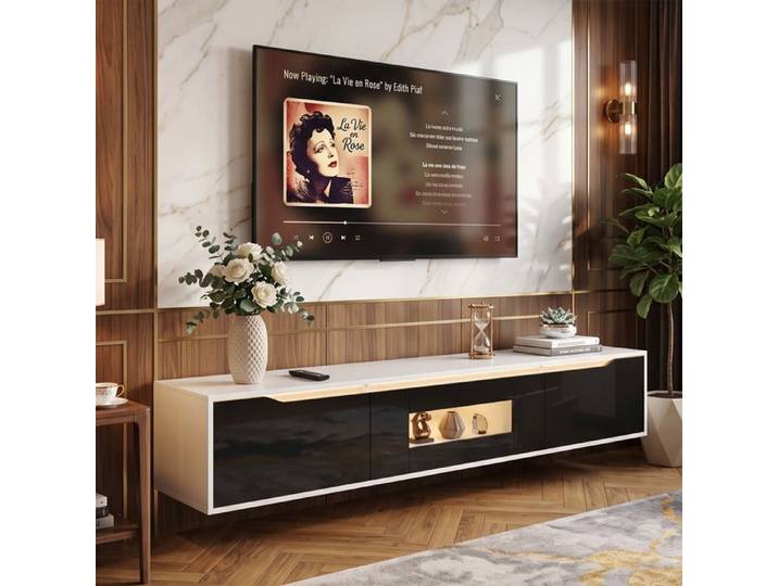 Meuble TV Suspendu 180x35x30 cm Gain de Place LED 16 Couleurs Design Soigné High Gloss