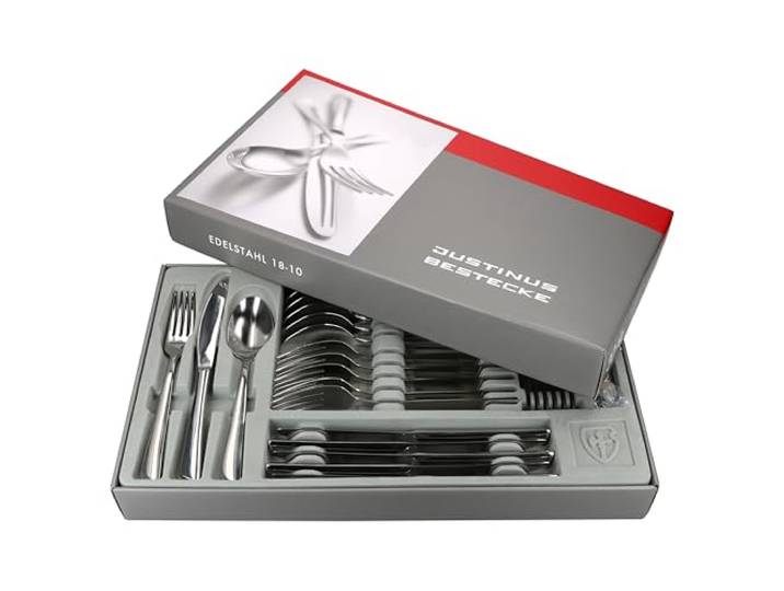 Justinus Twist 300tlg Komplett-Besteck-Set I für 60 Personen I mit geschwungenem Griff I aus rostfreiem poliertem 18/10 Edelstahl & Klingenstahl I Gabel, Messer & Löffel I für Gastro & Zuhause