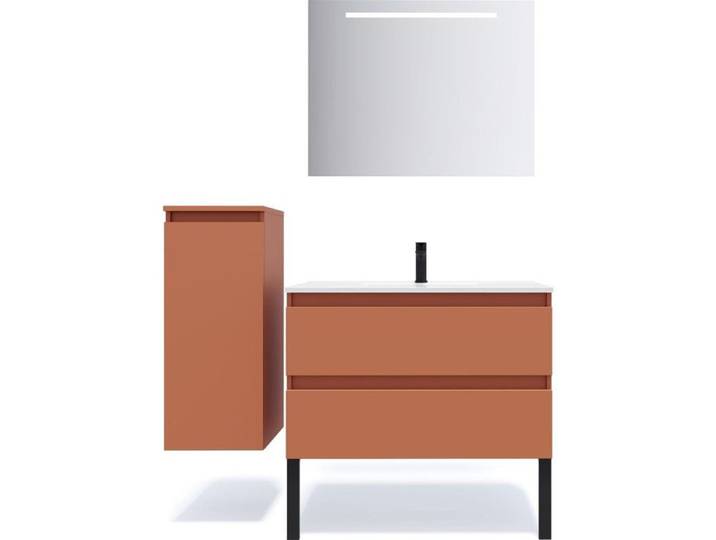 Ensemble salle de bain vasque intégrée 90cm 2 tiroirs Terracotta + miroir + colonne gauche - Hudson