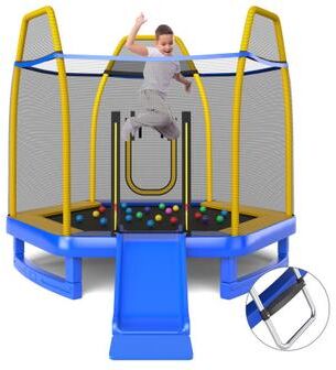 Costway 7 Feet Trampoline with Ladder and Slide for Indoor and Outdoor-Blue