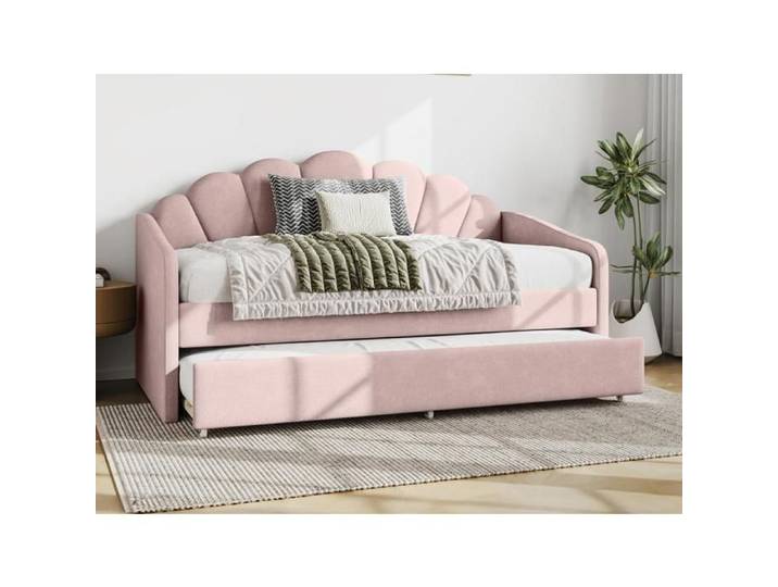 Lit gigogne coquillage 2 x 90 x 190 cm - Velours - Rose - ELUSIA