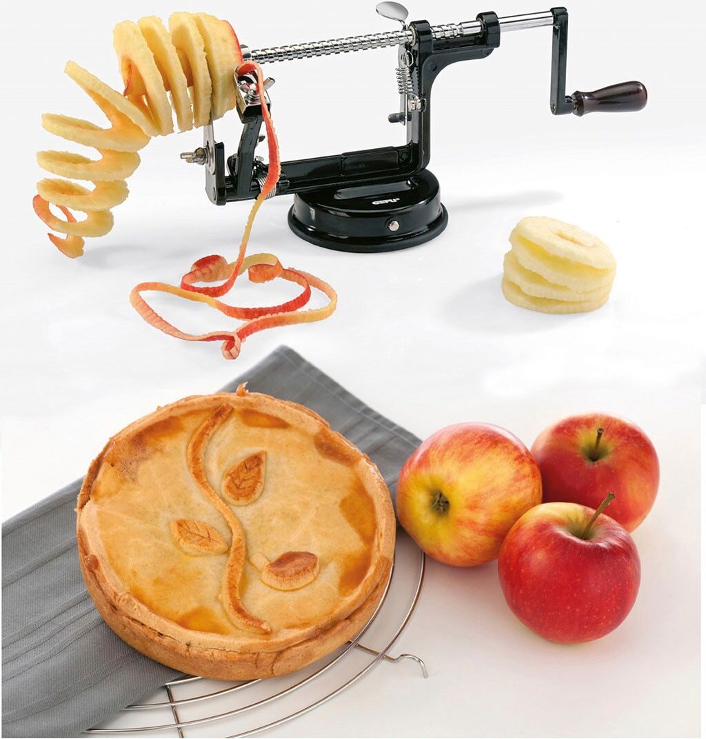 Apfelschäler GEFU "DELICIO", schwarz, B:10,5cm H:12,3cm L:25cm, Aluminium, Edelstahl, Küchenschneider, Apfelschäler, 3-in-1 Funktion, mühelos, kompakt.