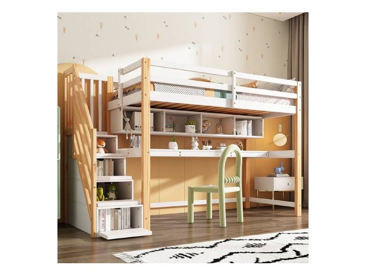 STILVORA Hochbett 90×200 Kinderbett mit Schreibtisch & Regal,Bettgestell ohne Matratze