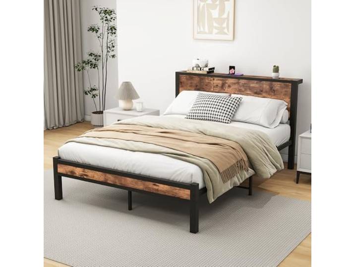 Bellemave Metallbett 140x200,Bettrahmen mit Stauraum-Kopfteil,Vintage Braun MDF & Metall,Geräuschfreie Konstruktion,großer Unterbett-Stauraum,belastbar bis 220 kg,ohne Boxspring erforderlich