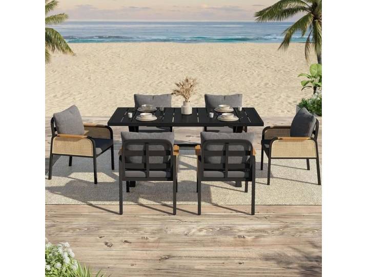 Ensemble jardin 7 pièces - KOMHTOM - 1 table + 6 chaises - Noir - Cadre fer - Coussins inclus