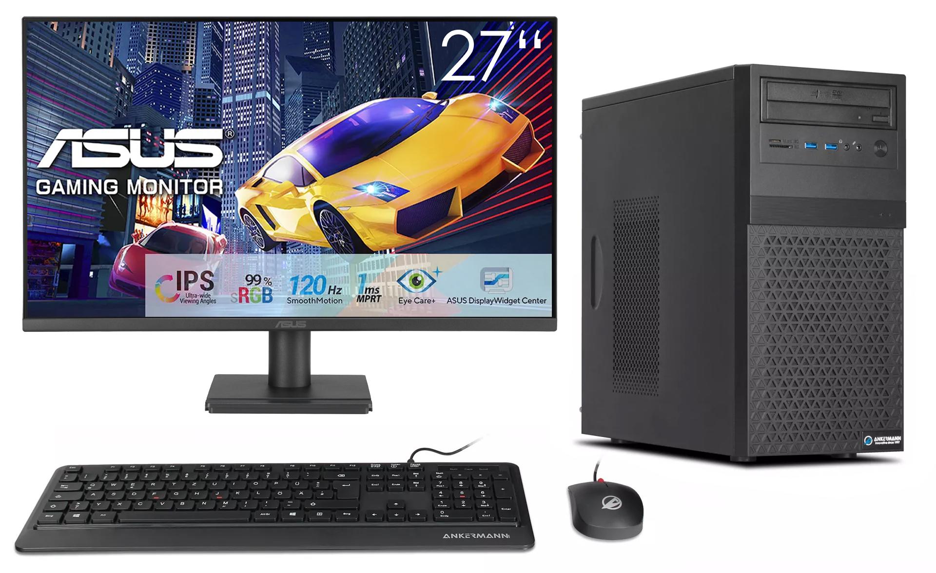 Ankermann Business Office Work Komplett Set, Intel Core i5-14400F, Nvidia GeForce GT 710 4GB, 16GB DDR5 RAM, 1TB NVMe SSD, Windows 11, WLAN & Bluetooth, 27 Zoll ASUS Monitor, Maus & Tastatur, Libre Office