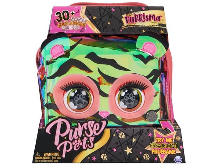 Purse Pets Holografische tijgerschoudertas, interactieve kindertas met 30+ geluiden, reacties, spelen en muziek, voor kinderen vanaf 4 jaar