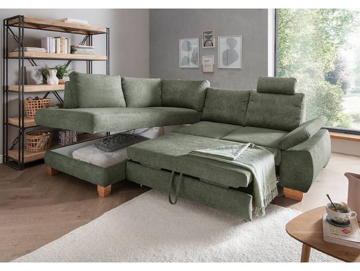 Ecksofa mit Schlaffunktion Grün Webstoff Jimin 265 x 109 x 206cm Ottomane davorstehend links mit Schlaffunktion Modern