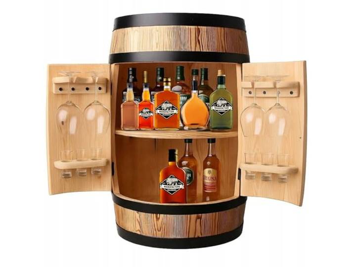 MB Manufaktura Barel Holzbar Fass 80x55 cm Massivholz Barschrank für Whisky, Wein und Spirituosen Hausbar mit Glashaltern Handgefertigt in Europa Bar Möbel im Vintage, Loft und Landhausstil