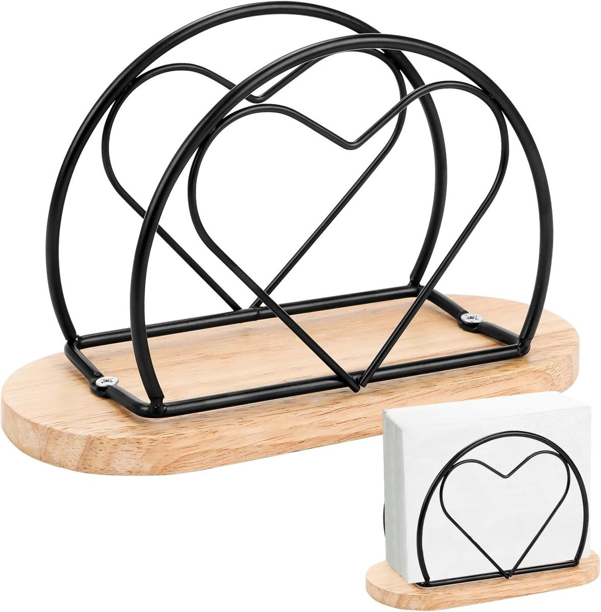 Servettenhouder met houten voet en hartvormig metalen ontwerp voor keuken of bar