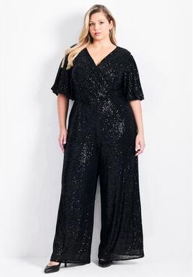 Plus Size Women's Nada Sequin Puff Sleeve Jumpsuit by Avenue in Black (Size 14)