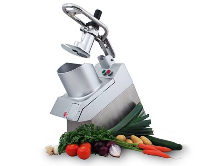 SARO Gemüseschneider – Edelstahl/Aluminium – Inkl. 5 Scheiben – Für Gemüse, Käse, Nüsse, Schokolade – Ø Trichter – 0,75 kW – Modell TITUS