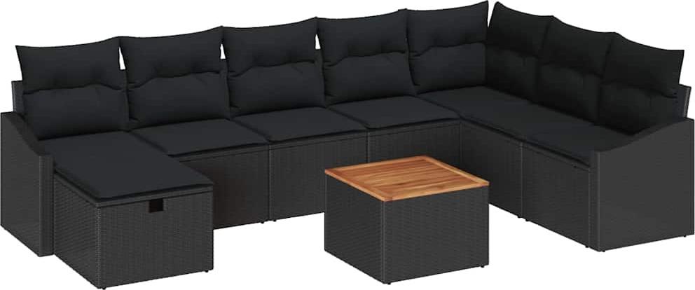 Modulares Gartensofa-Set, 9-teilig, für Outdoor & Terrasse, Poly Rattan & Akazienholz, Schwarz, 8 Sitzplätze, mit Stauraumfunktion