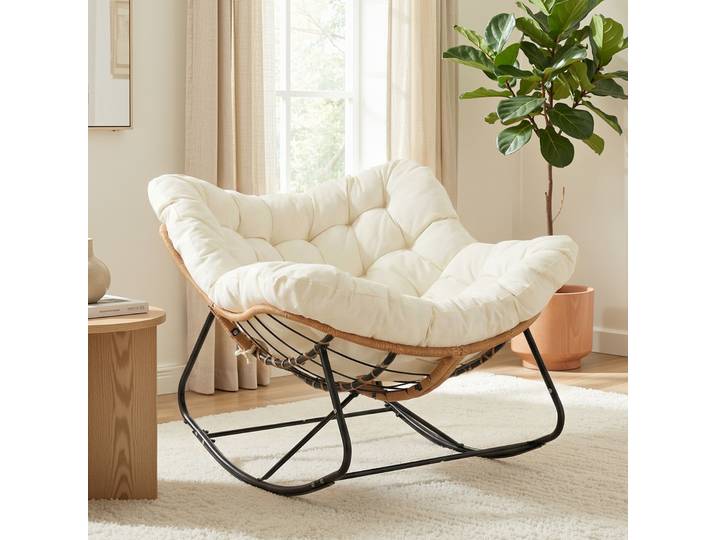 Fauteuil à bascule surdimensionné avec coussin épais, fauteuil à bascule confortable pour l'extérieur, fauteuil œuf avec coussin amovible imperméable et sangles, structure métallique, 150 kg