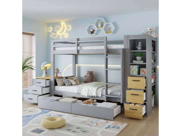 DUlVBPE Graues Etagenbett 90x200 cm aus Holz, Stockbett mit 2 Bettkästen, seitlichem Stauraumregal, Schubladen, Leiter und frei platzierbarer Nachtkommode