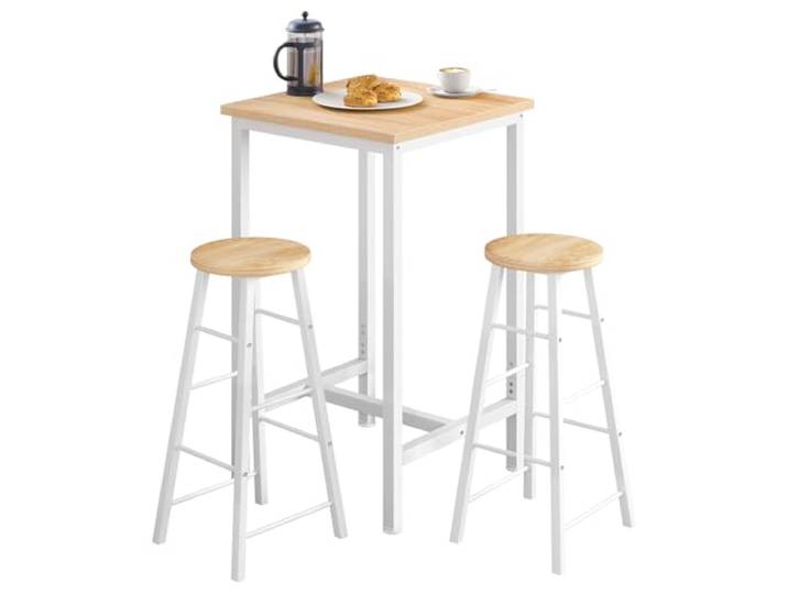 WOLTU Bartisch mit Barhocker Set, Stehtisch mit 2 Hockern, Essgruppe aus Metall & Holz, Küchentisch klein mit Küchenstühlen, Helle Eiche + Weiß