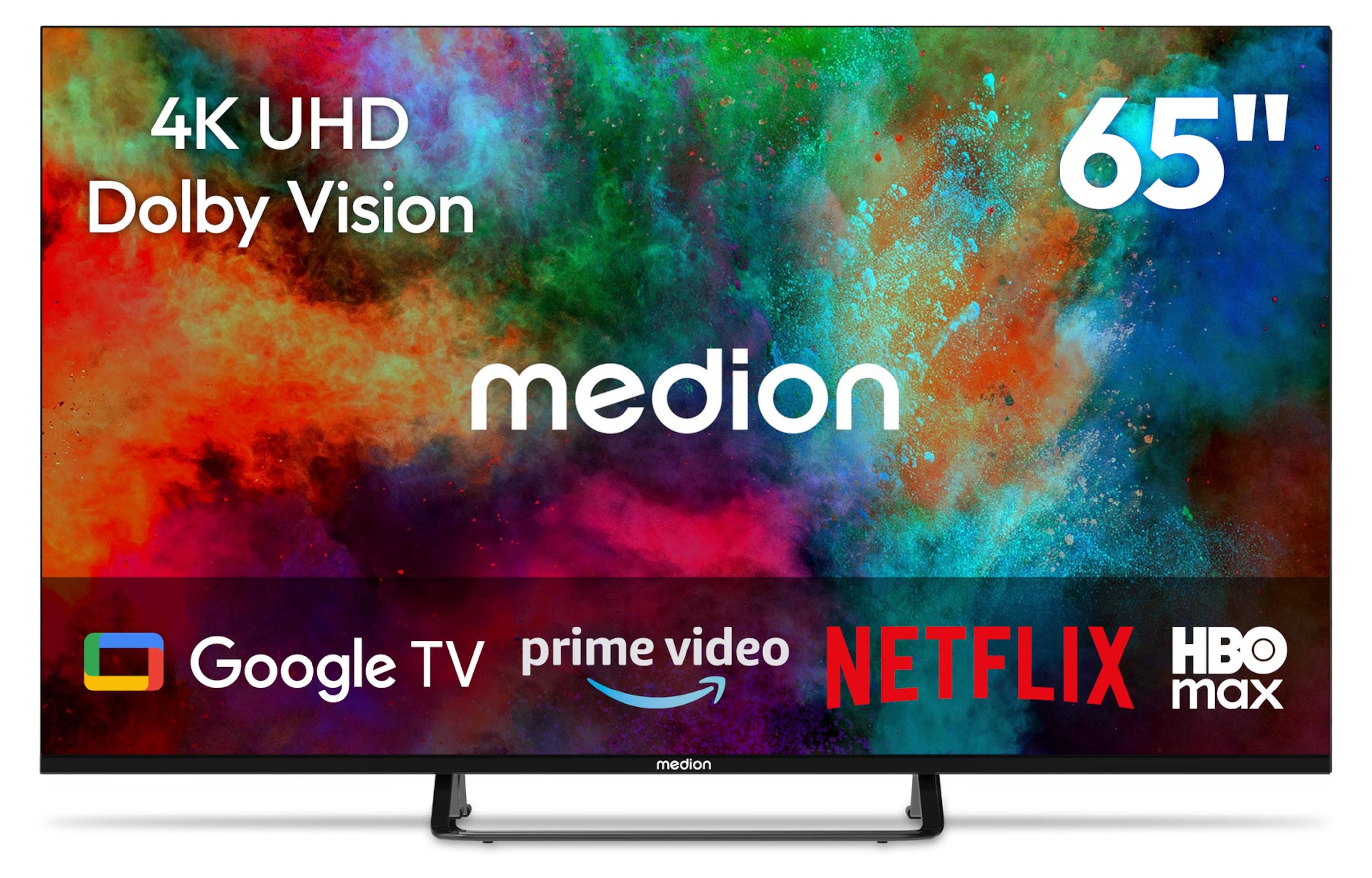 MEDION 163,9 cm (65 Zoll) Fernseher (Smart TV, 4K, Dolby Vision HDR, Prime Video, Disney+, kompatibel mit Google TV, PVR, Bluetooth, MD 865401)