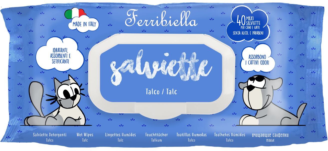 Ferribiella Salviette Detergenti per Cani e Gatti Talco 40 Pezzi