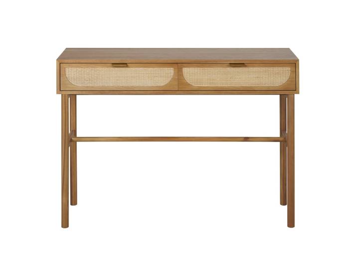 Console 2 tiroirs coloris noisette et rotin tressé