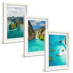 BILDER SET 3er Set - 20x30 cm Weißer Rahmen - Tropische Inseln, türkisfarbenes Wasser