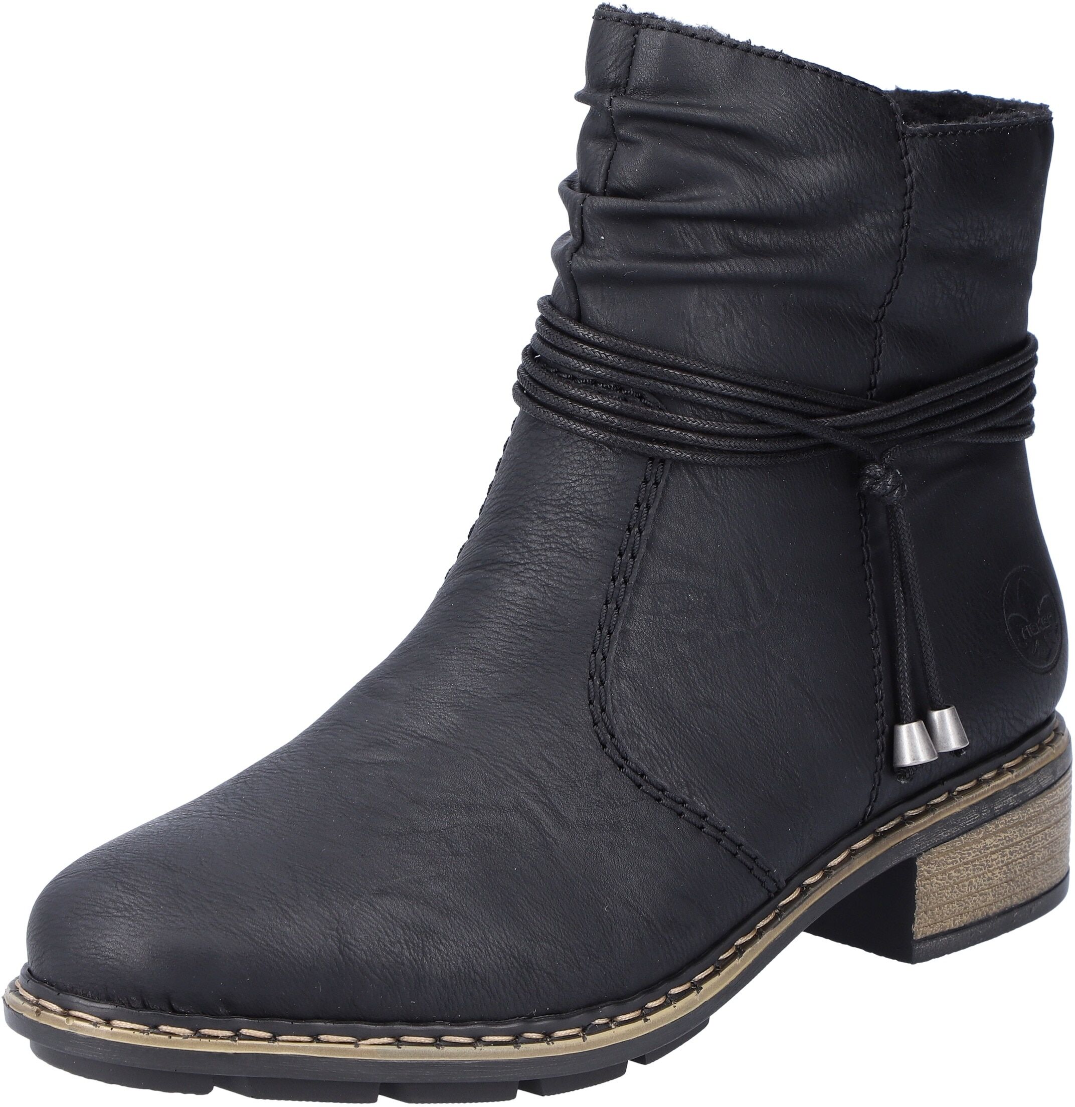 Winterstiefelette RIEKER, Damen, Gr. 38, Warmfutter, schwarz, Lederimitat, Schuhe Winterstiefelette, Reissverschluss-Boots mit Zierkordel und slouchy Schaft schwarz 38, Warmfutter