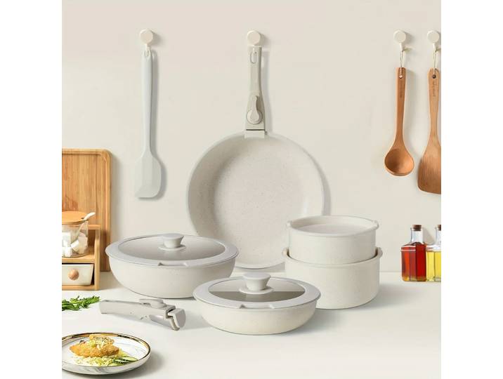 Ensemble de casseroles et poêles antiadhésives en granit blanc, 12 pièces, ustensiles de cuisine à Induction, ensemble de cuisson antiadhésif, poêles à frire et soucoupes avec
