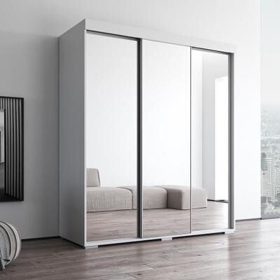 "Meble Furniture Suger 3-Door Mirrored Armoire, Glass Fronts, 71""W x 26""D x 82""H"