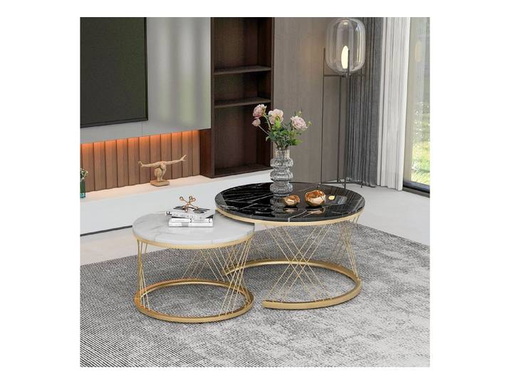 Odikalo Couchtisch Teetisch Kaffeetisch Marmoroptik Nest Rund Golden Frame Schwarz/Grau