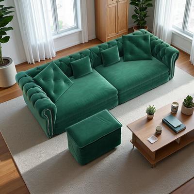 ZWYO HOSIMU "89"" Velvet 3-in-1 Chesterfield Sofa with Pull-Out Bed, Tufted Design and Movable Ottoman"