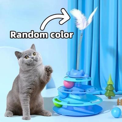 Fusion Finds Interactive Cat Toy Tower With Roller Balls & Feather Cat Track Toy dark Blue