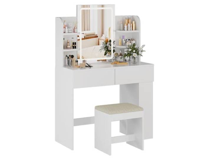 TRIUMPHKEY Schminktisch mit Hocker und Spiegel, Frisiertisch mit LED-Beleuchtung mit 3 Farben, Einstellbare Helligkeit, Kosmetiktisch mit 2 Schubladen, Offenen Fächern, Modern (Weiß)