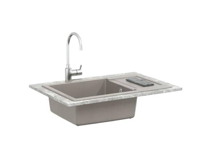 Küchenspüle, Grau, 780 x 500 mm, aus Granit, 80 % Quarz, 20 % Harz Einzelbecken zum Einbauen, Ablaufgarnitur mit Siebkorbventil, flecken- und kratzfest, innen