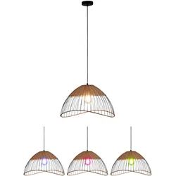 Smart Home Hängeleuchte Metallkäfig Esszimmerleuchte Rattan Pendelleuchte Holz Geflecht, App Steuerung, RGB LED 5W 470Lm warm-kaltweiß, DxH 48x120 cm