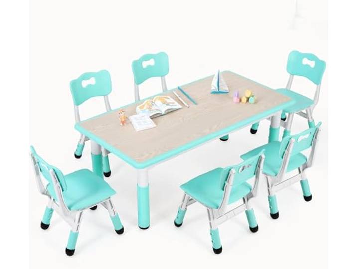 Clevich Kindertisch mit 6 Stühlen,Kinder Tisch Stuhl Set für Kindergarten und Kinderzimmer,Kindertischgruppe Höhenverstellbar,Plastik Kindermöbel,Sitzgruppe für Jungen Mädchen,Minzgrün