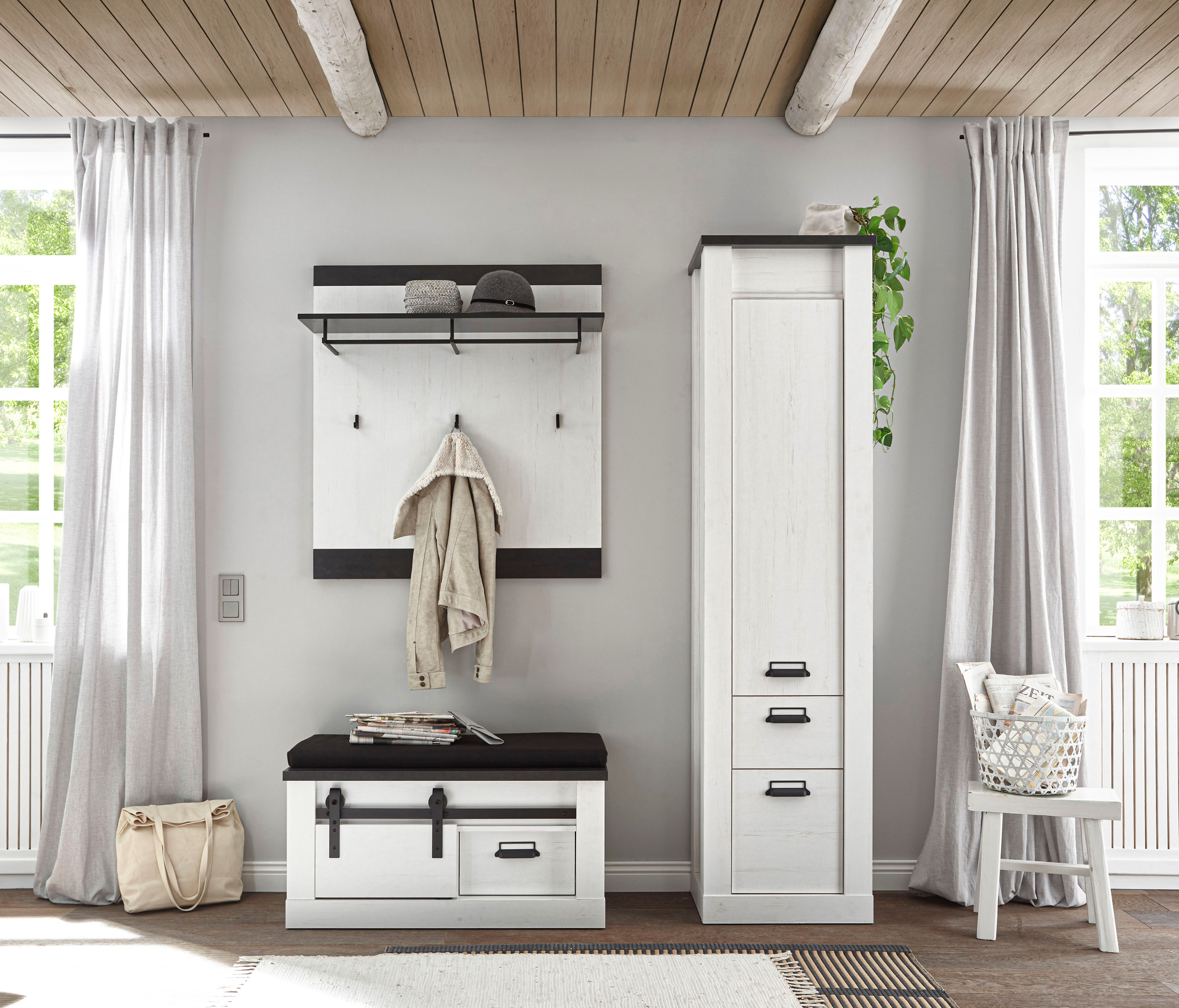 Garderobenpaneel HOME AFFAIRE "Sherwood, Wandregal im Industrial-Style, Flurgarderobe, Garderobe", weiss (pinie weiß dekor), B:92cm H:100cm T:26cm, Holzwerkstoff, Garderobenpaneele, Garderobenpaneel, mit Ablage, Garderobenstange und Haken, in 2 Farben erh