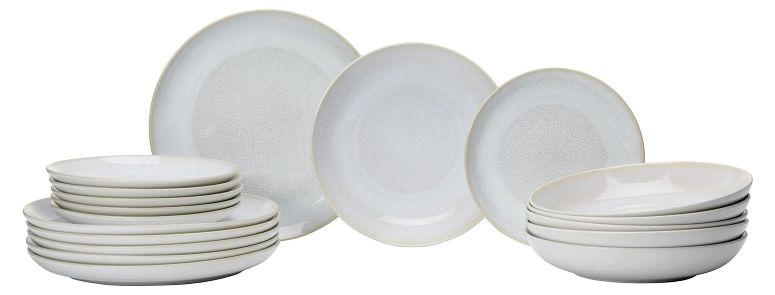 Laredo Teller-Set 18-teilig, Kombiservice mit Farbverläufen, je 6 Speise-, Suppen- und Dessertteller, skandinavisches Design mit Reaktivglasur, Steinzeug, Beige