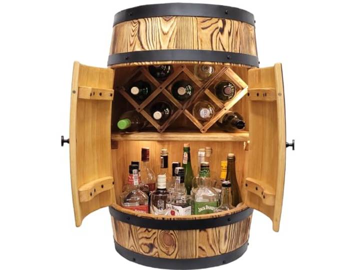 weeco Fassbar mit Tür + Weinregal + LED. 80x50cm. Eichenfarbe im Alten Stil Holzfass Weinfass - Wandbar - Hausbar Vintage rustikale Holzbar Fass Whisky Wein Bar Bartisch Stehtisch Theke. Weinhalter