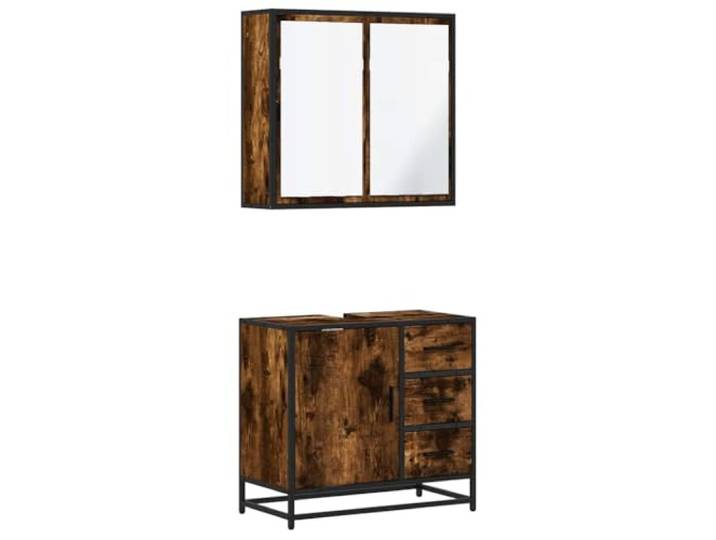 POUFGDR Badezimmermöbel-Set, 2-teilig, Raucheiche Holzwerkstoff, Metallrahmen, industrieller Stil, Wandaufbewahrung, begrenzter Platz, Loch für Spüle, Wandmontage