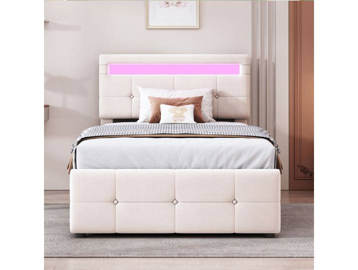 Lit simple - ZEVKOR - 90x200 - Coffre hydraulique - LED intégrée - Velours beige