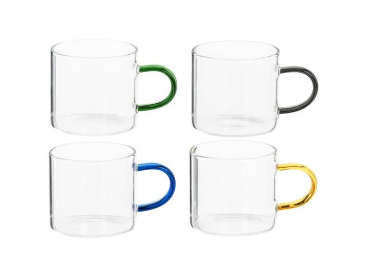 4er Set Tassen aus Glas mit bunten Henkeln