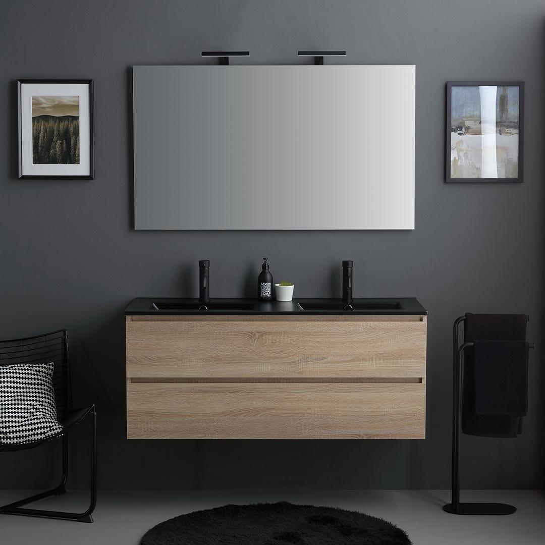 Unterschrank mit 2 Schubladen, schwarzes Doppelwaschbecken, Spiegel und schwarze Lampe, 120 cm | Berlin