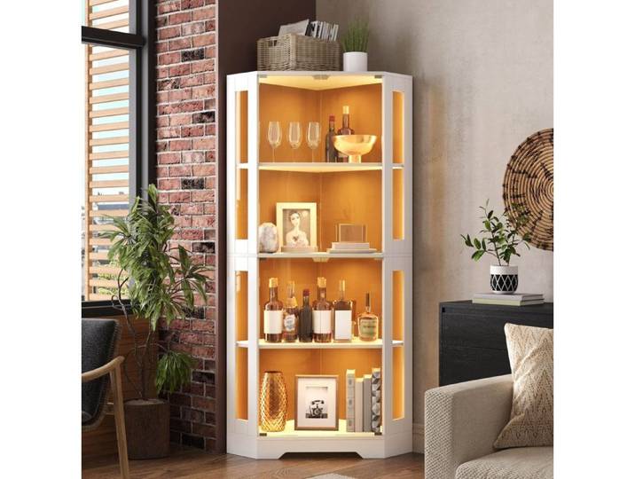 VUENOR Vitrine d'angle LED 40 x 40 x 165 cm blanche en MDF et verre trempé