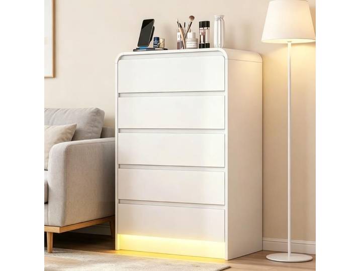Commode Chambre Blanche 5 Tiroirs Meuble de Rangement avec éclairage LED Armoire multifonctionnel pour Chambre Salon 73x40x111cm