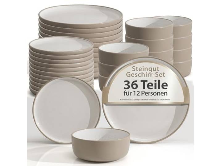 Hausfelder Steingut Geschirrset 12 Personen, 36-teilig, Nordic Sand Schüsseln und Teller, Tafelservice für 12 Personen, Steingut, Farbe Nordic Sand