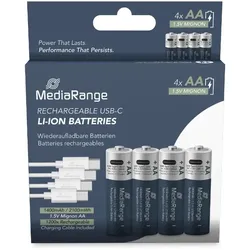 MediaRange wiederaufladbare USB-C Li-Ion Batterien, Mignon AA I 1.5V I 1.400mAh, 4er Pack