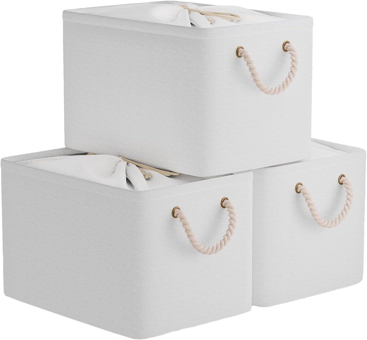 Set van 3 opvouwbare opbergmanden met handgrepen voor volwassenen, wit, textiel