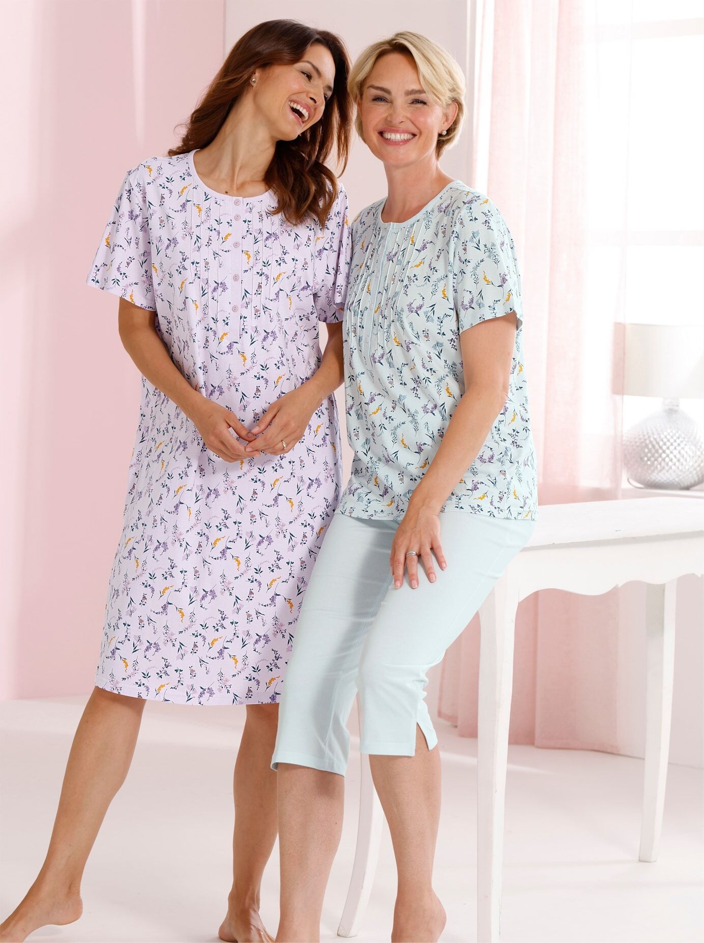 Capri-Pyjama COMTESSA, Damen, Gr. 40/42, bunt (kalkmint, bedruckt), 100% Baumwolle, Homewear-Sets Capri-Pyjama kalkmint, bedruckt 40/42