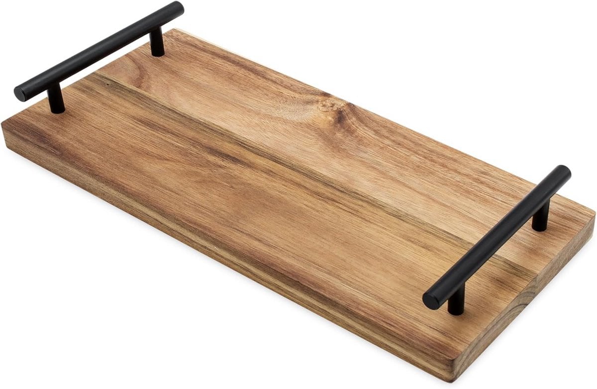 Rechthoekig houten dienblad van acaciahout met zwarte handgrepen voor serveren en decoratie